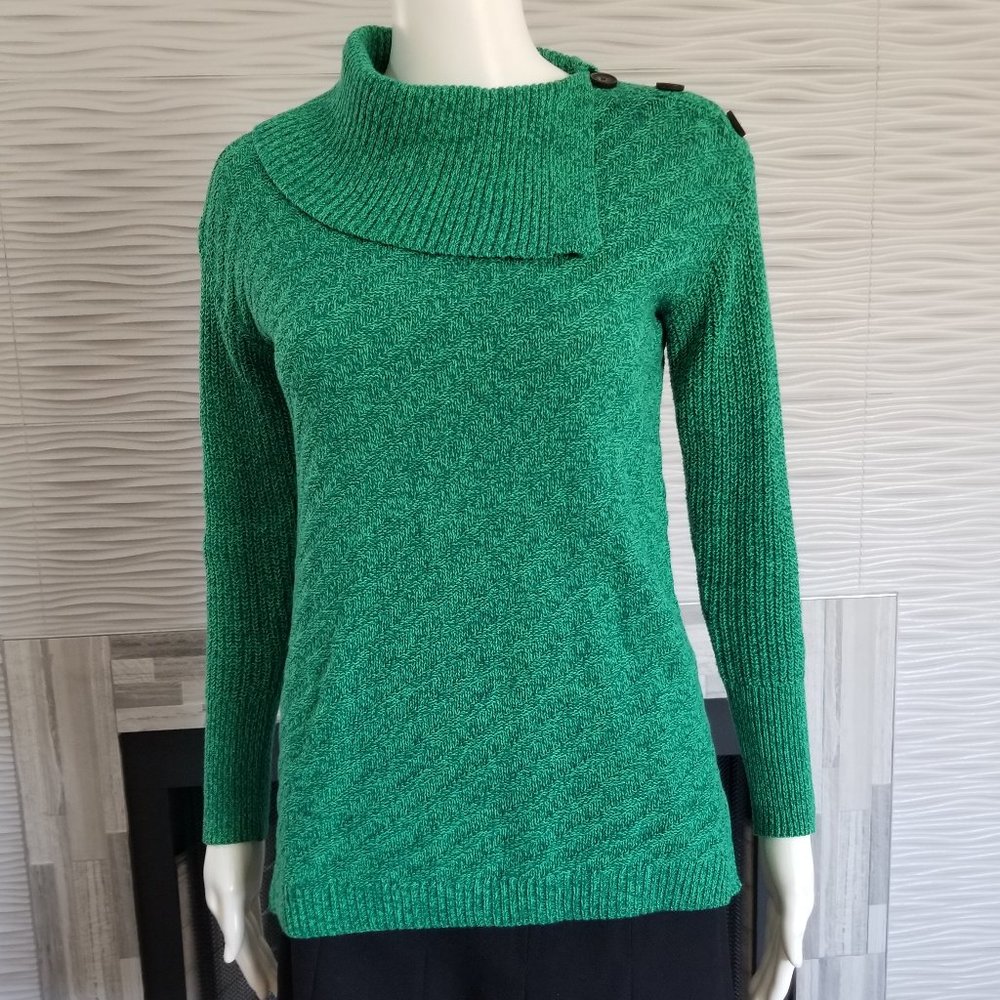 Style & Co Petite PS Green Ribbed Button Tunic Sweater Mock Neck Pullover Top